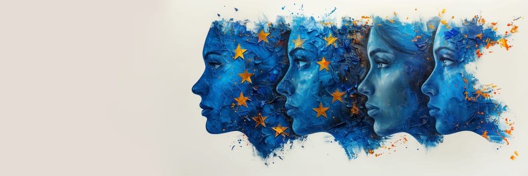 EU election, faces with european union flag, blue and yellow stars, citizens of Europe voting Parliament