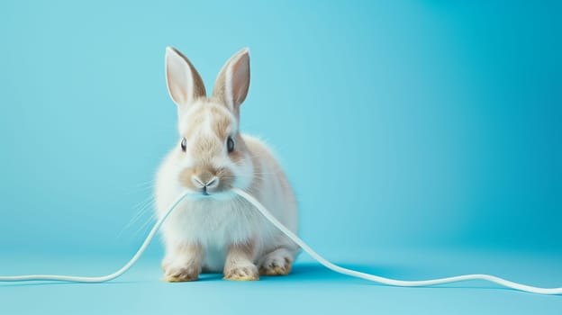 Domestic rabbit or bunny nibbles on a power cable, cute animal chewing electrical line, naughty pet at home