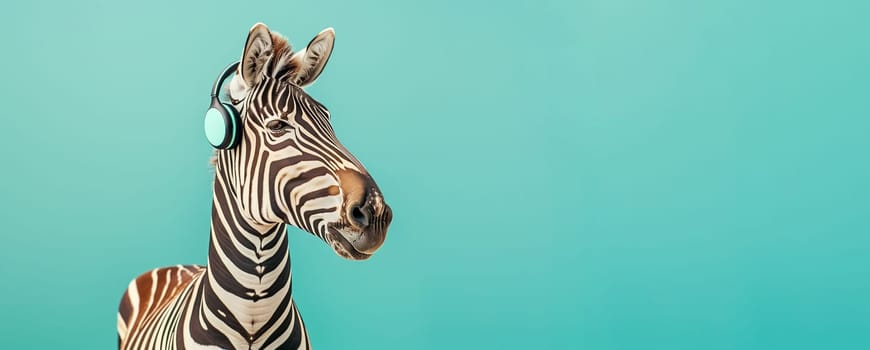 Zebra with headphone, listening to sound and acoustic wave, love and emotion, funny animal, blue background, world music day