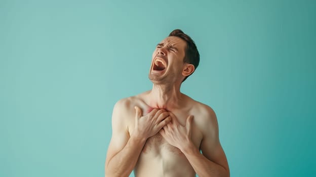Heart attack, Myocarditis disease, inflammation of the muscle, thrombosis and cardiac stress, man in pain holding his breast