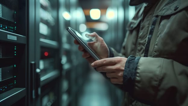 IT specialist utilizing a digital tablet in the server room. Communication, internet, network, workplace, security concept.
