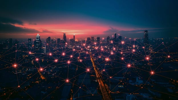 Night city landscape with internet wires connecting all devices to a network and communicate between. Communication, internet, network concept.