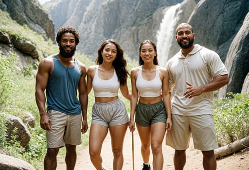 AI generated of a group of friends are posing for a photo with a waterfall behind them