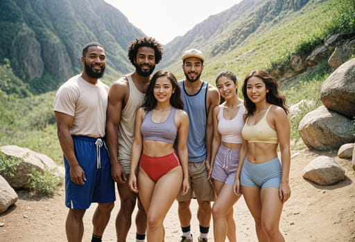 AI generated of a group of friends posing for a picture with mountains in the background