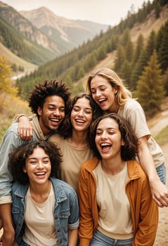 AI generated of a group of friends are posing and laughing for a photo together in the mountain