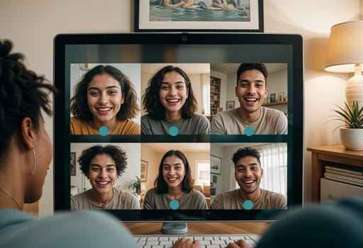 AI generated of a woman is on videocall with a group of friends on it