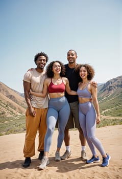 AI generated of four people in sports gear posing for a photo in front of the mountain