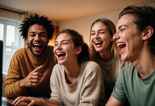 AI generated of four friends laughing while videocall with other friends
