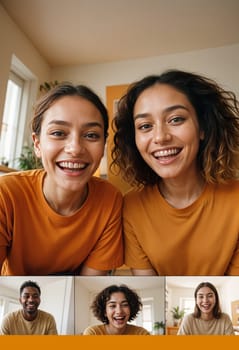 AI generated of a collage of people smiling and laughing together on videocall display