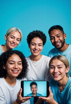 AI generated of a group of people holding up a tablet with a picture of a person on it