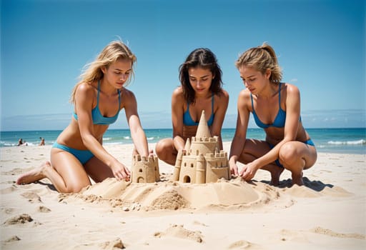 AI generated of three girls in bikinis building a sand castle on the beach