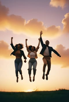 AI generated of three people jumping in the air at sunset