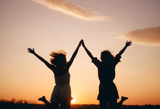 AI generated of two women are jumping in the air on a field with the sun behind them