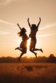 AI generated of two women jumping in the air with the sun behind them