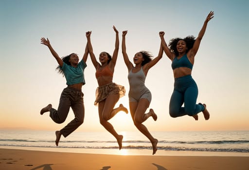 AI generated of four women are jumping on the beach in the air and the sun is setting