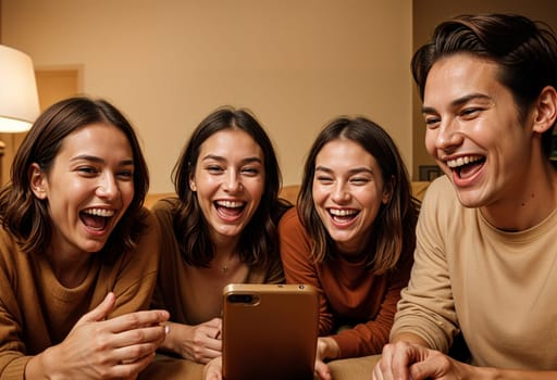 AI generated of four friends are laughing while on videocall using a cell phone