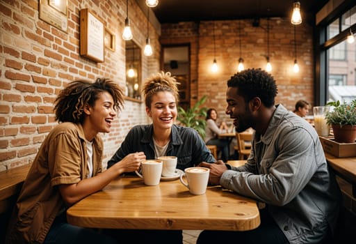 AI generated of three friends having coffee in a cafe, talking, and smiling each other