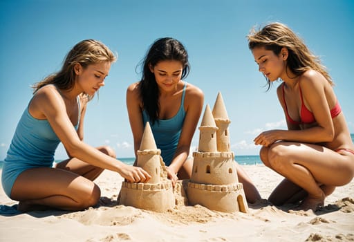 AI generated of three women in bikinis building sand castles on the beach
