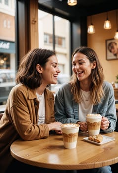 AI generated of two women sitting at a table with coffee cups in front of them