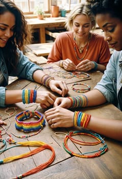 AI generated of three women are making bracelets together