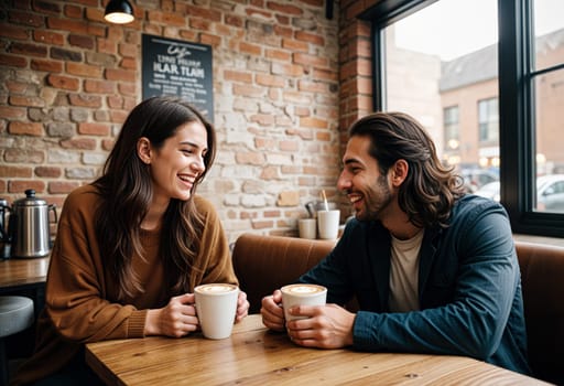 AI generated of a man and woman sitting at a table with coffee cups