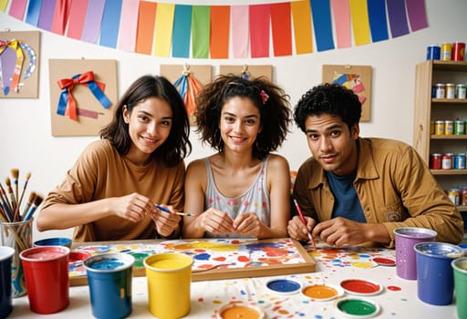 AI generated of three people are painting with a paint brush and a painting on a table
