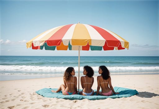 AI generated of three women sit under an umbrella on the beach on a sunny day