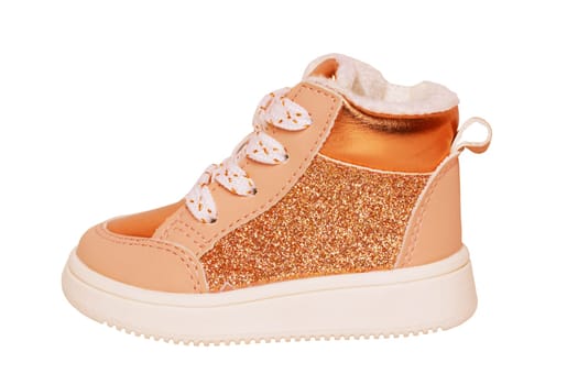 Boots for children. Close-up of a single of elegant brown suede winter boot which are lined with fur. Clipping path. Girls winter shoe fashion isolated on a white background.