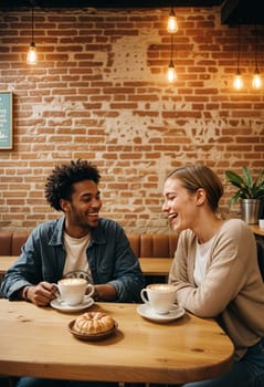 AI generated of a man and a woman smiling each other and sitting at a table with coffee and croissants
