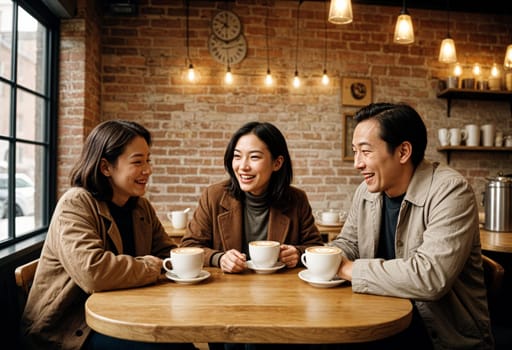 AI generated of three people sitting at a table with cups of coffee and a clock on the wall in a coffee shop