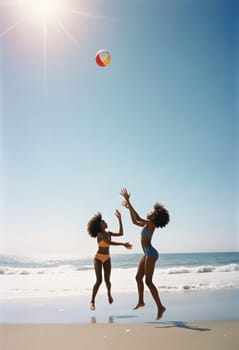 AI generated of two women playing with a ball in the air on the beach