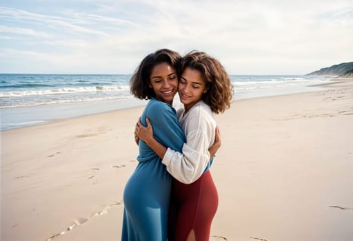 AI generated of two women hugging on the beach