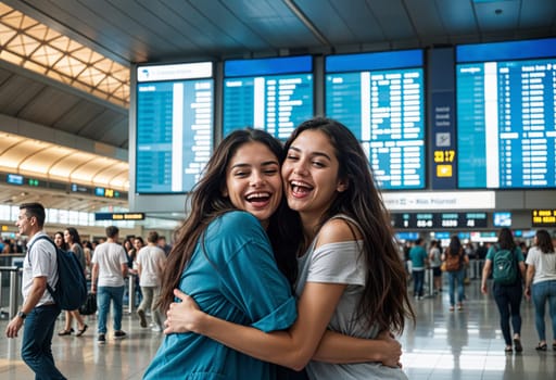 AI generated of two young women hugging in an airport in front of a sign