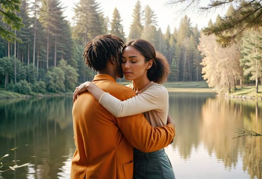 AI generated of a man and woman are hugging and looking at the lake