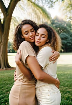 AI generated of two women hug each other in a park