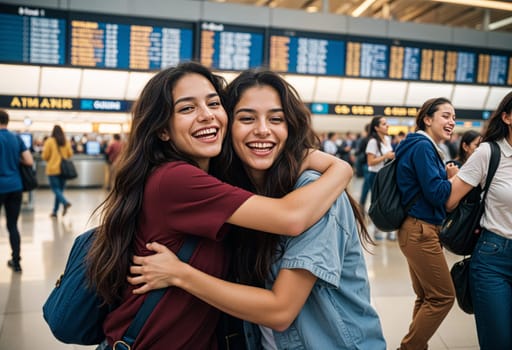 AI generated of two young women hugging at an airport
