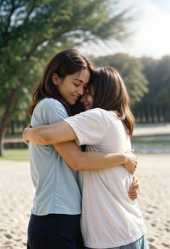 AI generated of two women hugging on the park with sands