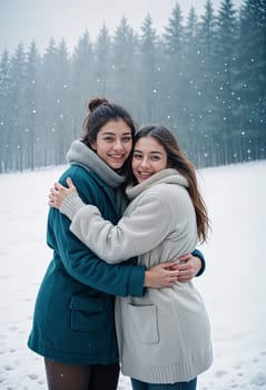 AI generated of two women hugging in the snow