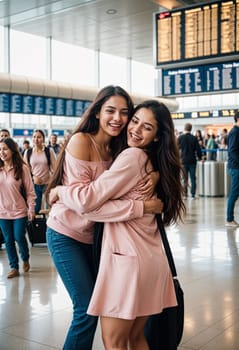 AI generated of two young women hugging at an airport