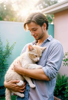 AI generated of a man holding a cat in his arms