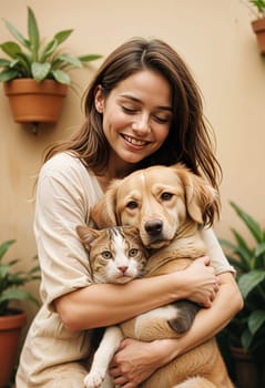 AI generated of a woman holding a dog and cat on her backyard