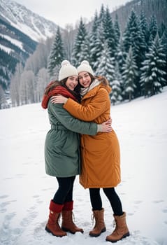 AI generated of two women hugging in the snow in front of a mountain