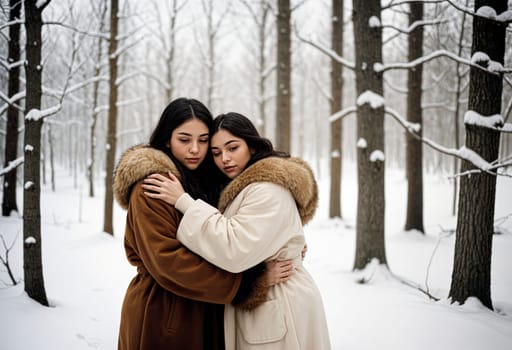 AI generated of two women hugging in the snow in a forest