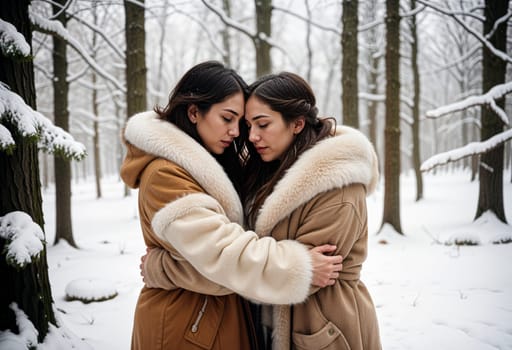 AI generated of two women in winter coats wood are hugging each other in the snow
