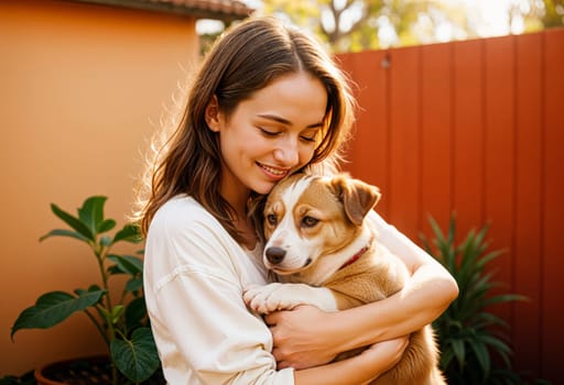 AI generated of a woman holding a dog in her arms in the backyard