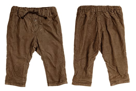 Children pants isolated. Closeup of sepia brown denim pants isolated on a white background. Sporty fashion for kids. Front and back view.
