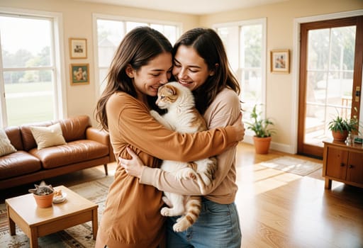 AI generated of two women hugging in a living room with a cat