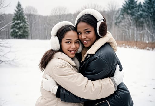 AI generated of two young women wearing earmuffs and coats in the snow