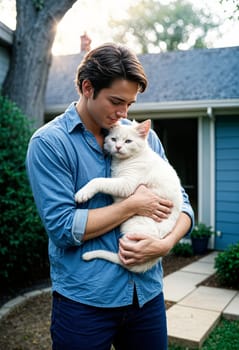 AI generated of a man holding a cat on the backyard