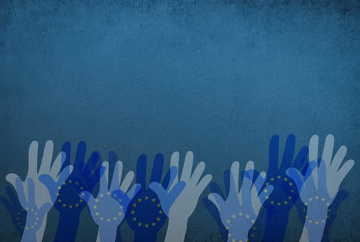 Hand of crowd, european union flag, citizen of Europe, people vote at election, protest of population, blue color, yellow stars